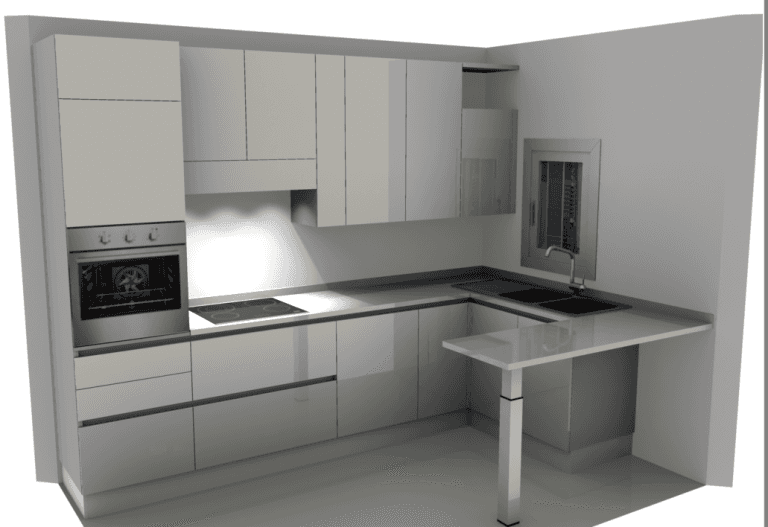 Cucina moderna a L di colore grigio con forno a incasso, piano cottura, lavello, armadietti e piccolo bancone per la colazione.