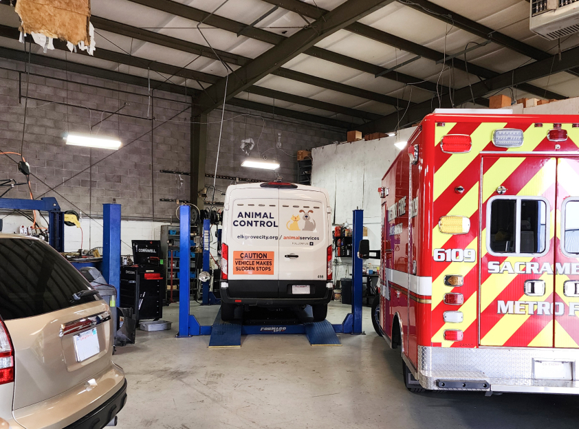 Fire station garage with an ambulance, a white service van, and a car inside | Polar Bear Auto Care