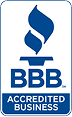 BBB Accredited Business logo in blue and white with torch icon and