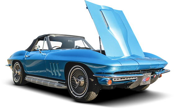 Blue classic convertible sports car with hood open, shown in side view on a white background | Polar Bear Auto Care