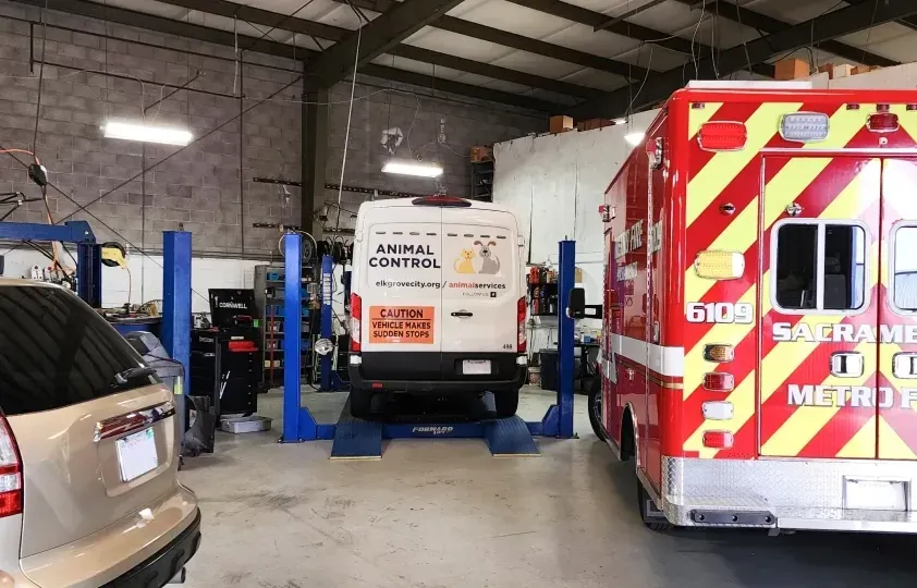 Fire station garage with an ambulance, a white service van, and a car inside | Polar Bear Auto Care