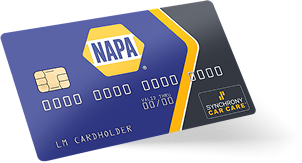 NAPA-branded blue and yellow credit card with chip and card number, angled on white background | Polar Bear Auto Care