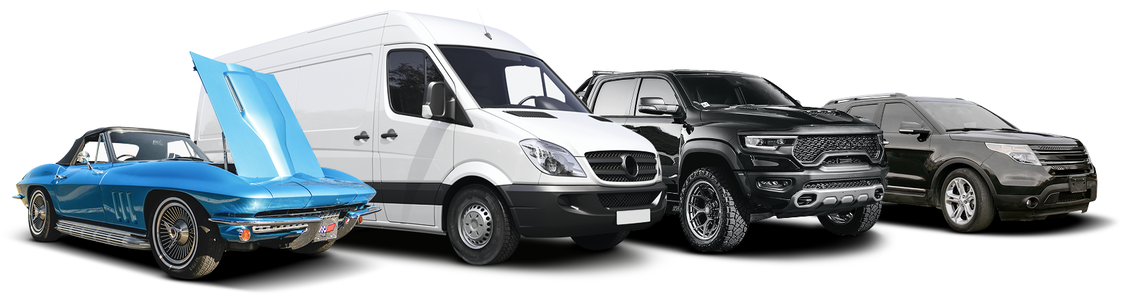 Blue classic car, white van, black SUV, and gray sedan displayed side by side on white background | Polar Bear Auto Care