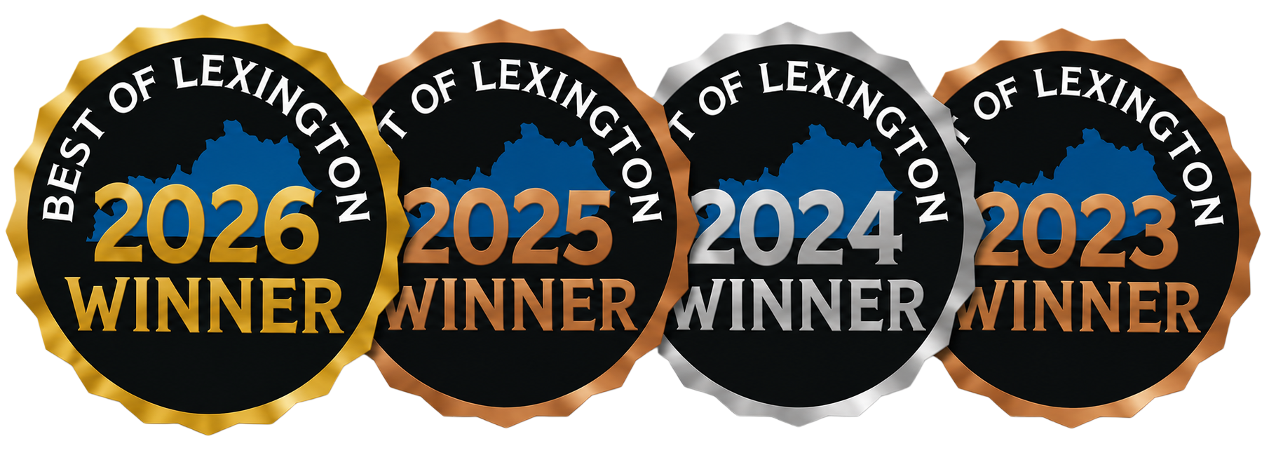 Best of Lexington award badges for 2023, 2024, 2025 and 2026 with gold, silver and bronze designs