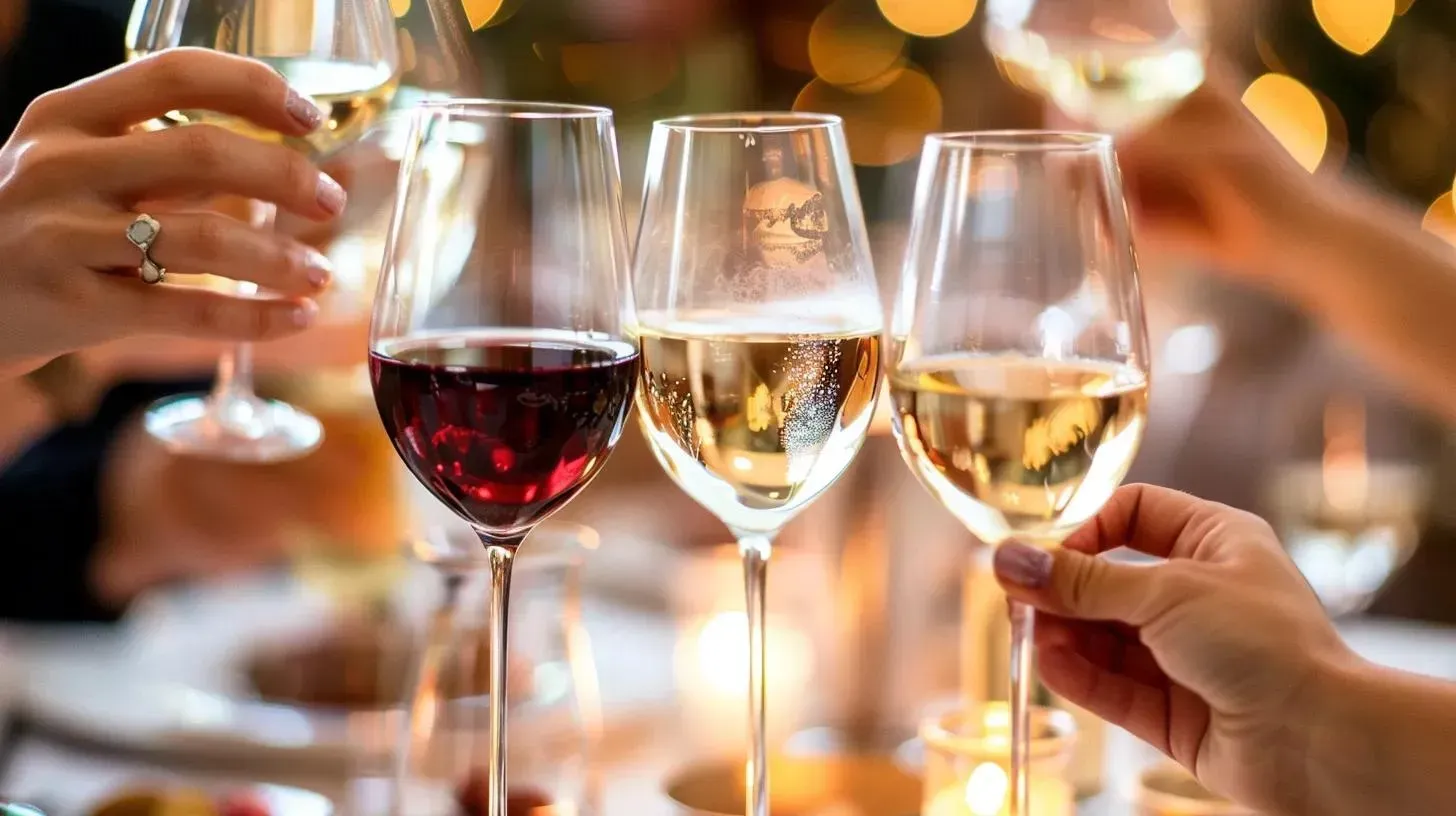 People toasting with wine glasses, featuring red and white wine, at a dinner setting.
