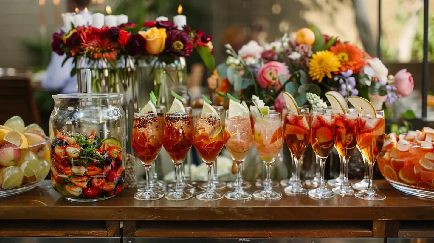 Cocktail bar with assorted colorful drinks, fruit, and floral arrangements.