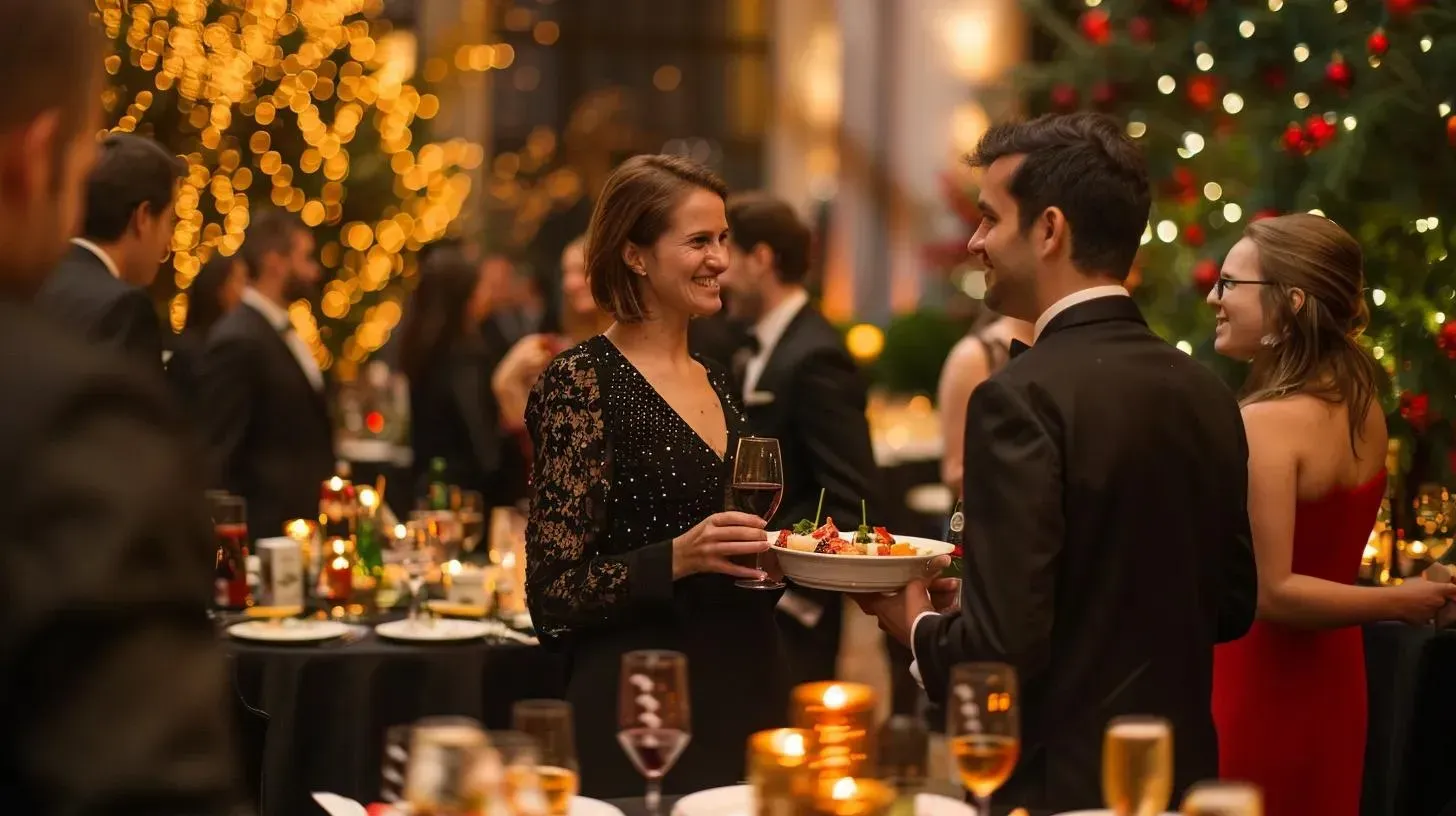People in formal attire at an event, near tables with food and a decorated tree.