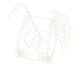 Line drawing of a cocktail in a glass with a straw, ice cubes, and a citrus slice garnish