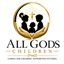 Logo for All Gods Children showing a family silhouette, cross, and gold hands with the tagline “Caring for children, supporting futures.”