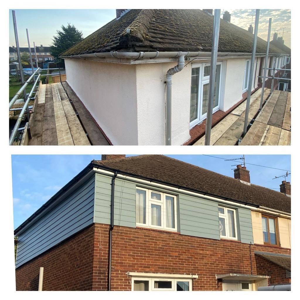 A before and after picture of a house with scaffolding on the side.