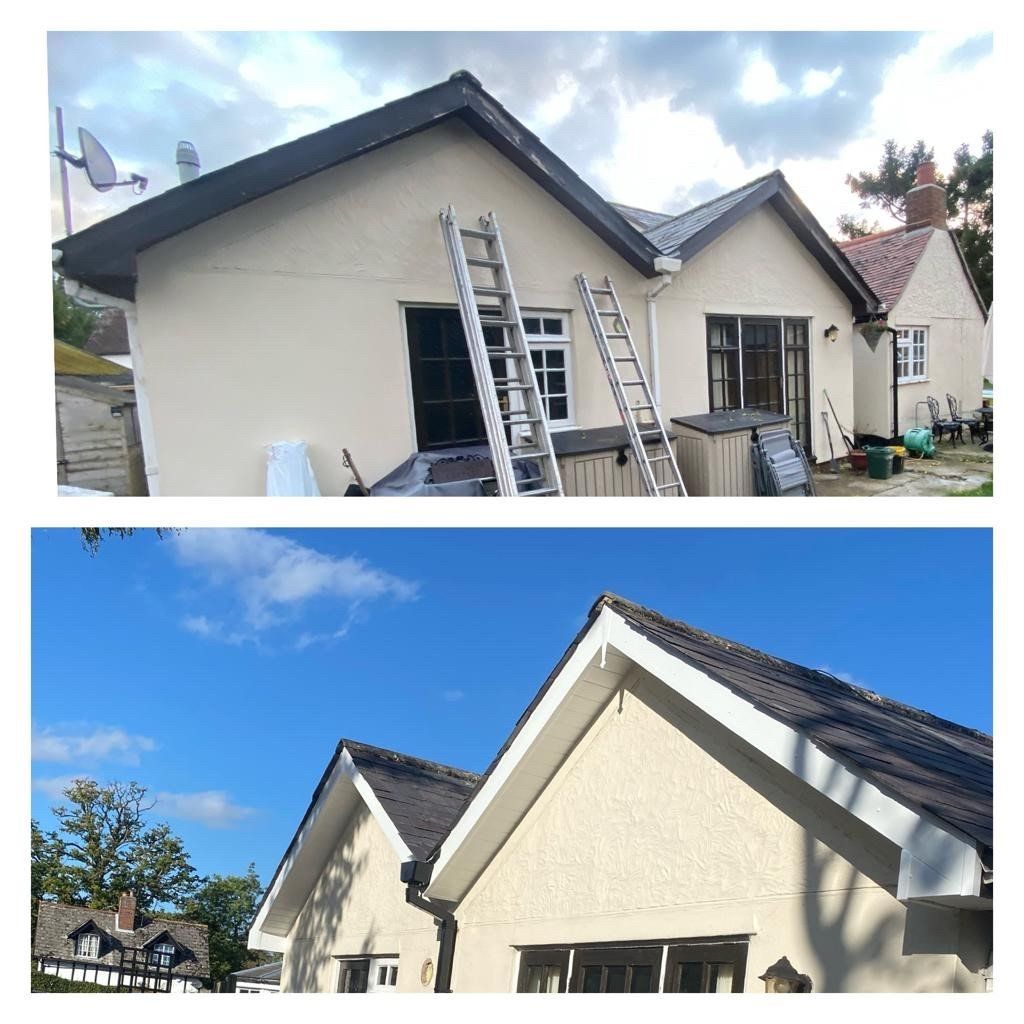 A before and after picture of a house with a ladder on the side.