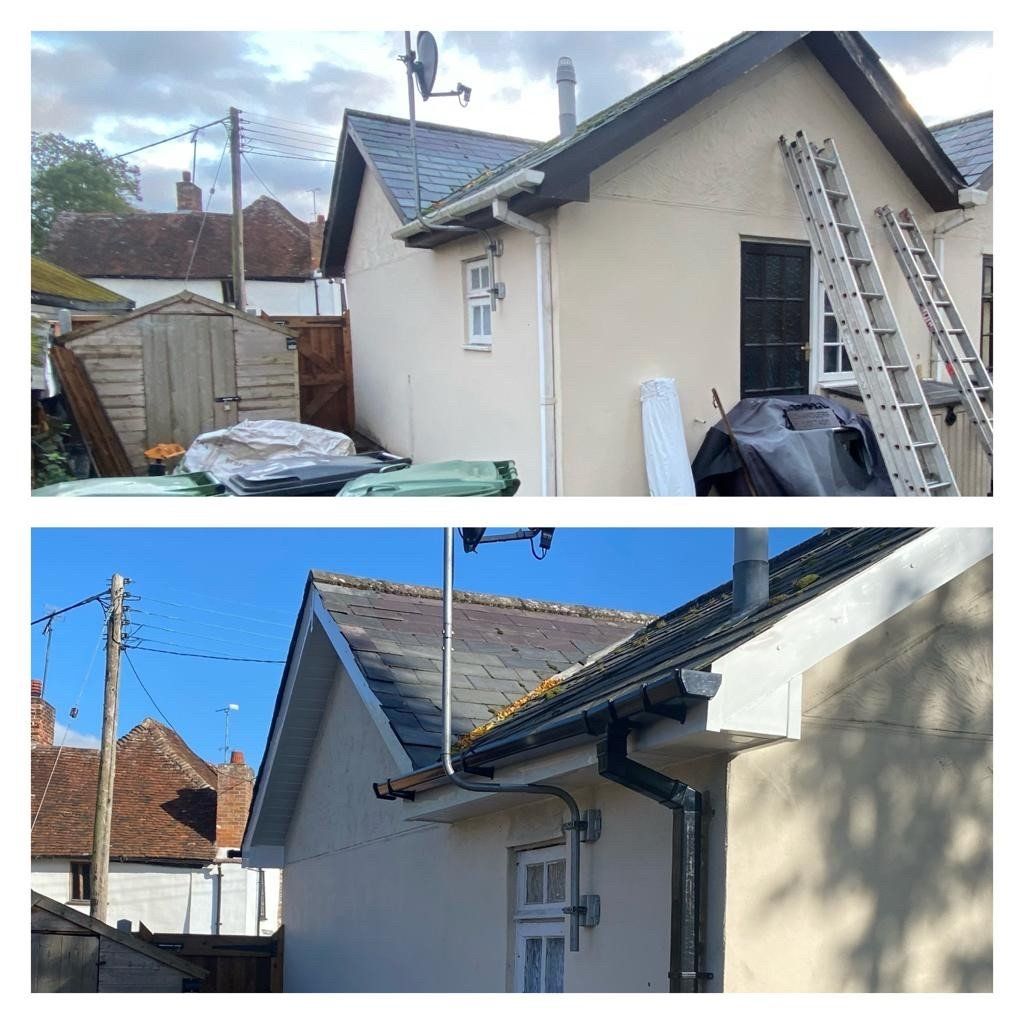 A before and after picture of a house with a ladder on the side.