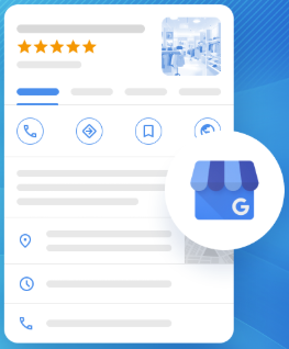 Google My Business profile, displaying a store listing with logo and star rating.