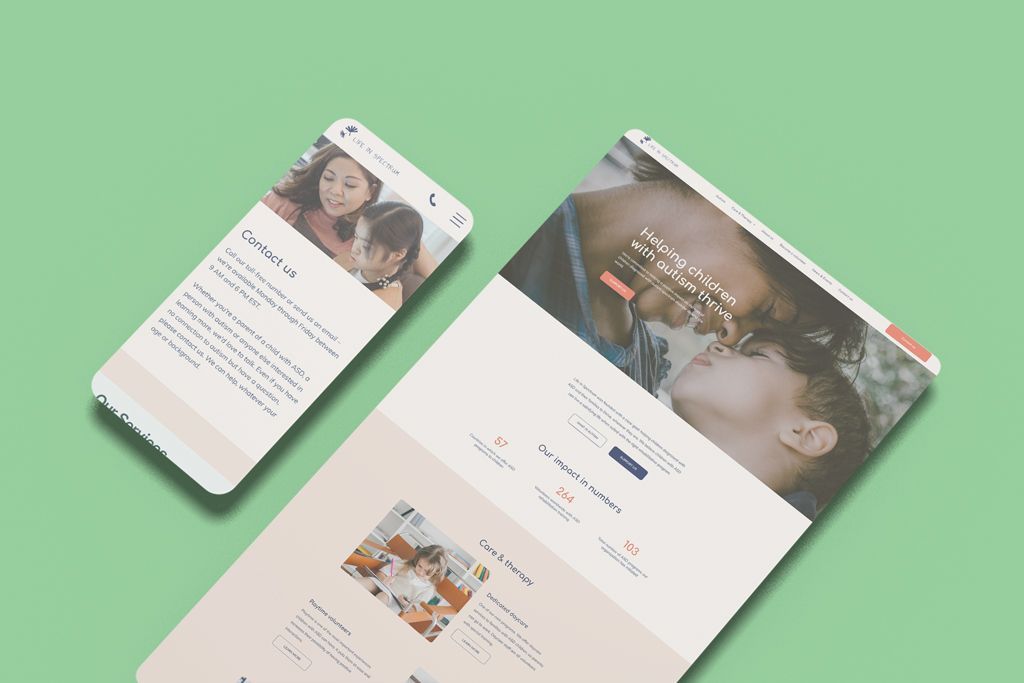 A mock-up of a website on a phone and laptop screen with images of people, on a light green background.