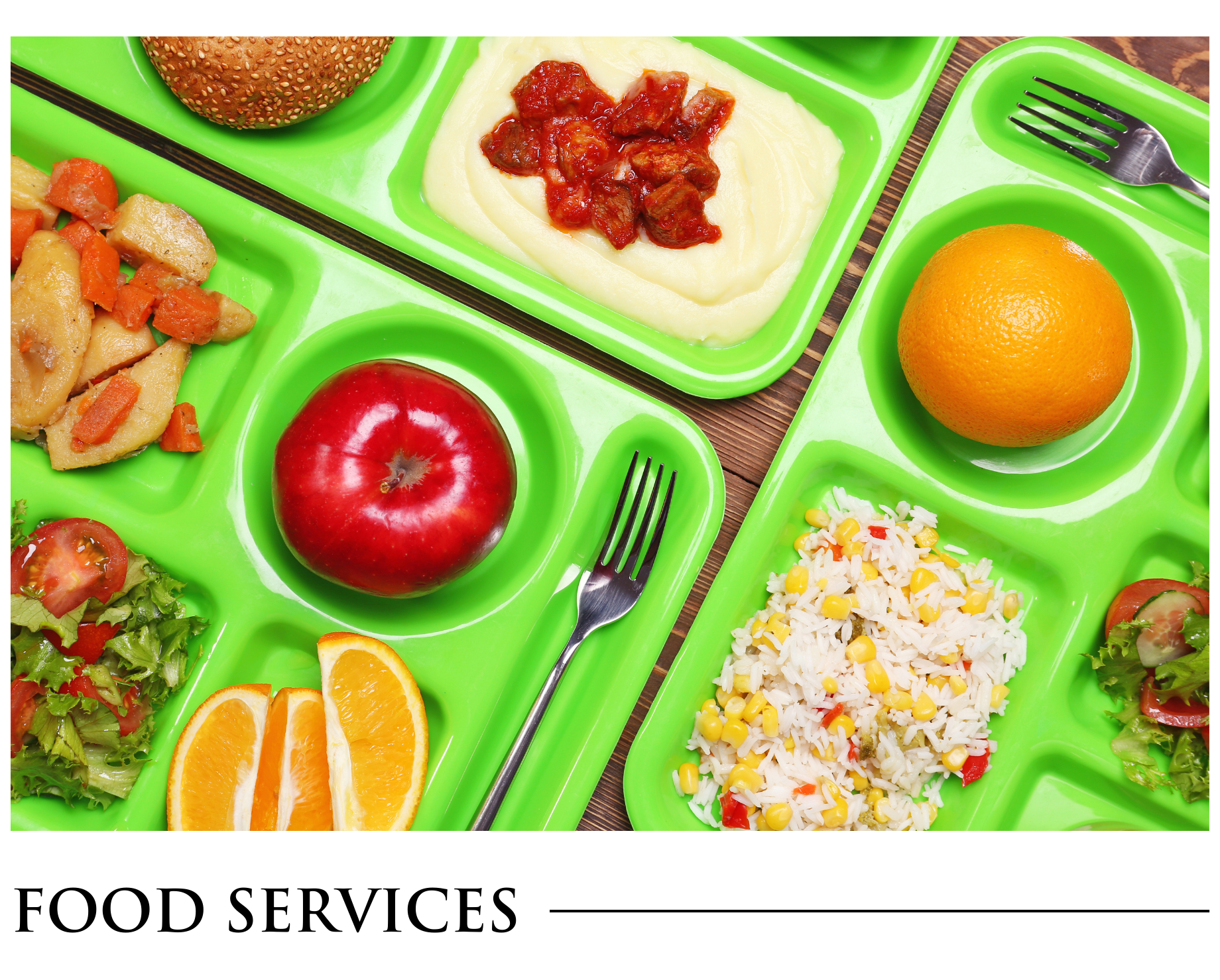 A tray of food with the words food services below it