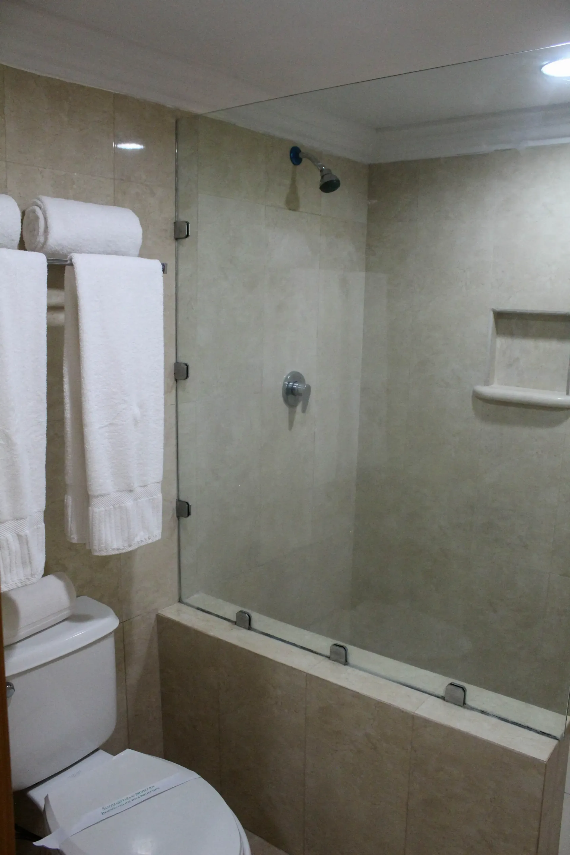 Baño con ducha con mampara de cristal, inodoro, toallas y paredes de color neutro.