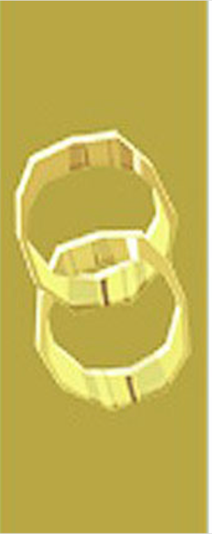 Two overlapping gold rings on a yellow background