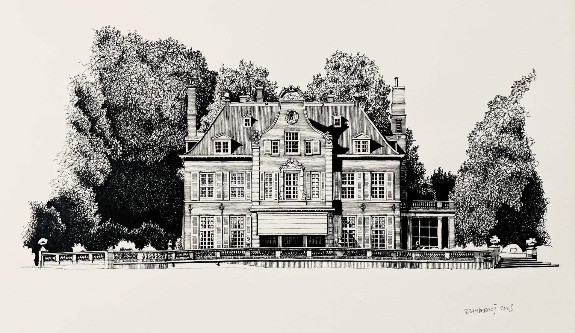 Zwart-wit schets van een groot Victoriaans huis met bomen en een veranda.