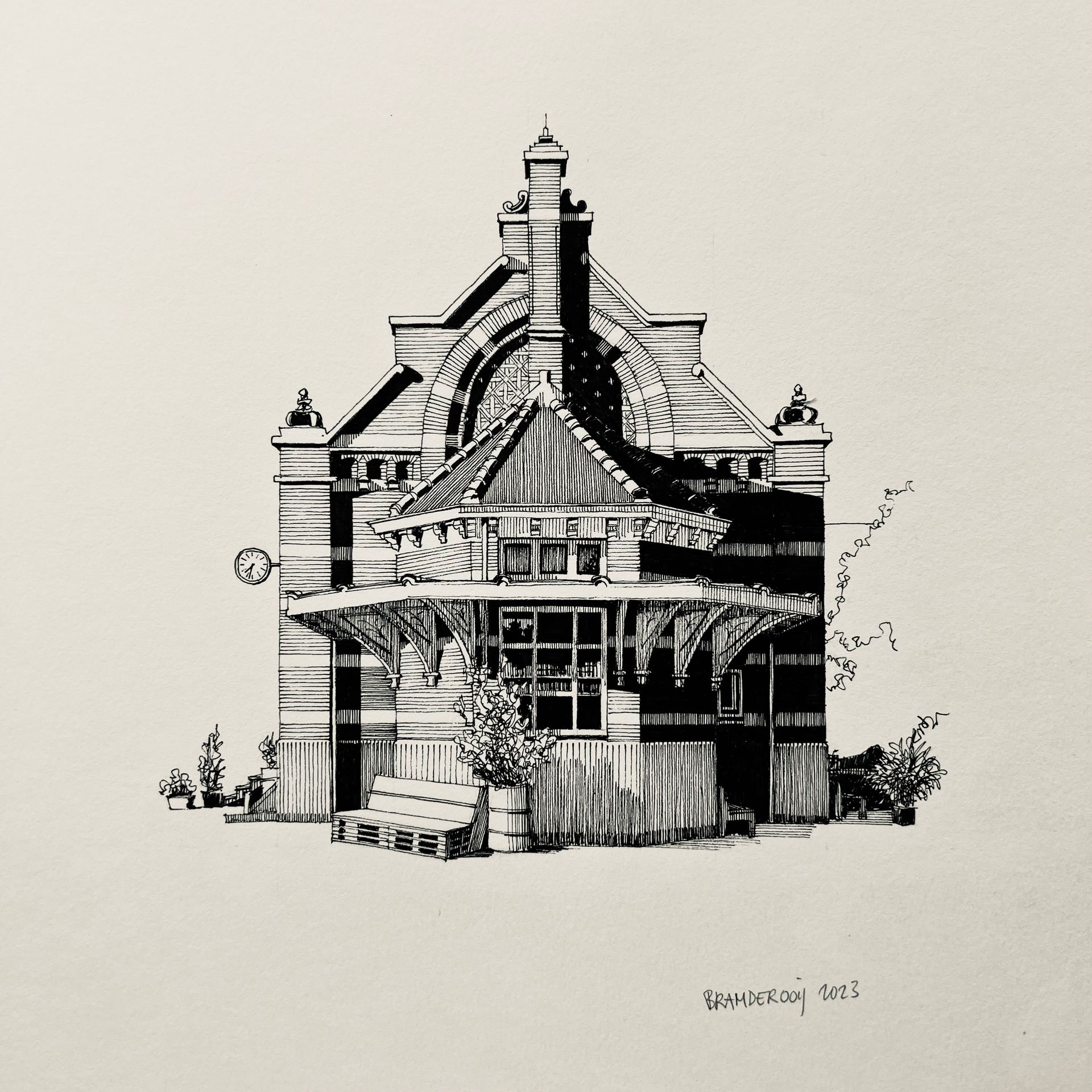 Zwart-wit schets van een sierlijke Victoriaanse huisgevel met een centrale veranda en een puntdak.