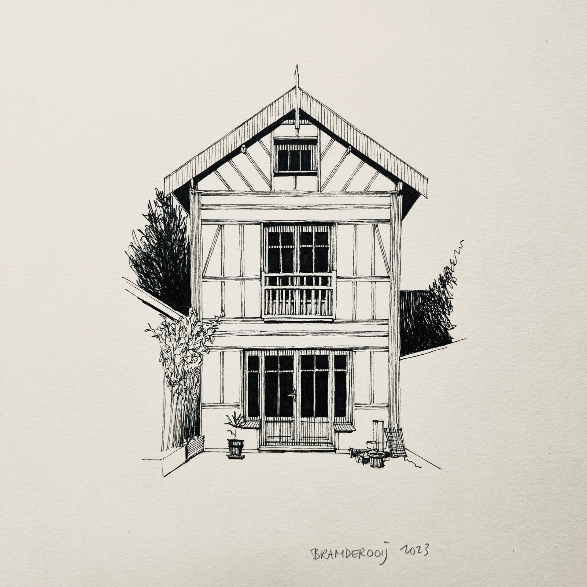 Zwart-wit schets van een smal huis met drie verdiepingen, een voordeur, ramen en een puntdak.