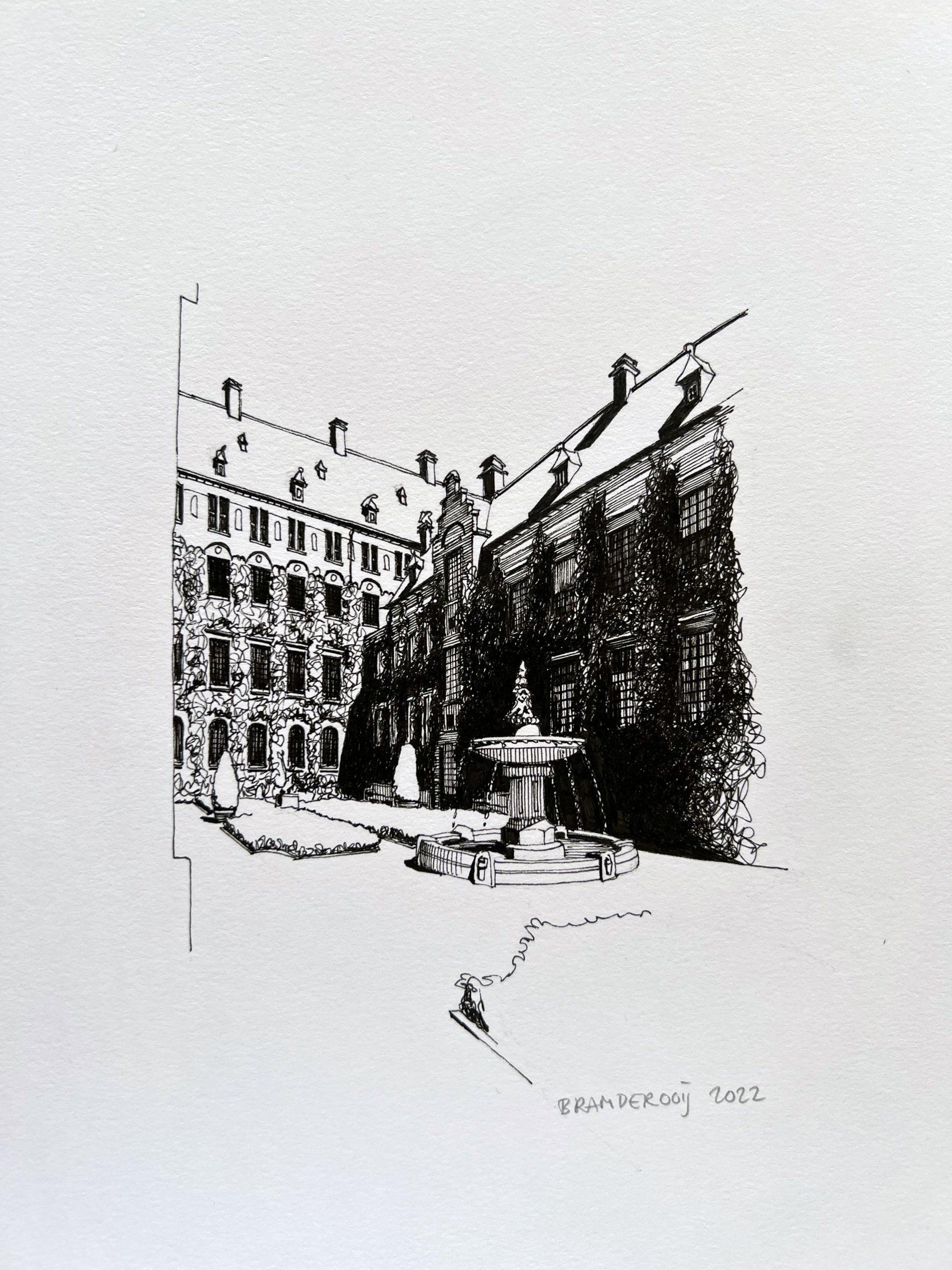Zwart-wit schets van een binnenplaats met een fontein tussen hoge gebouwen.