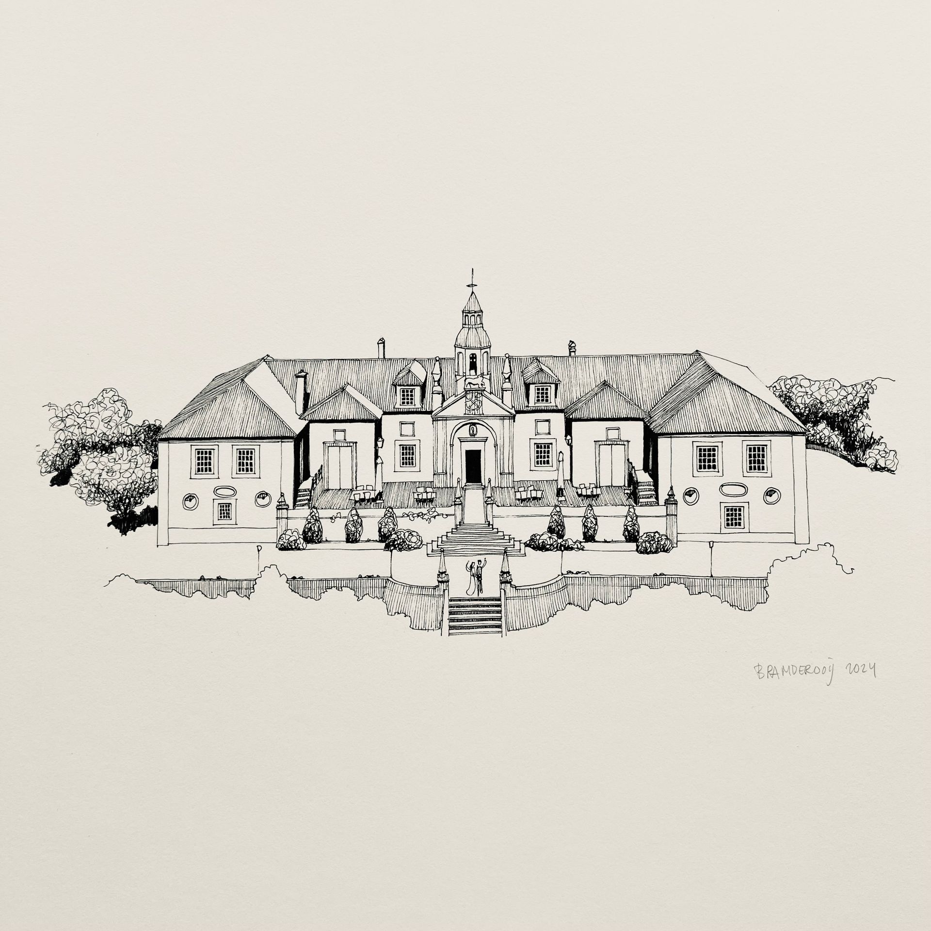 Zwart-wit schets van een statig historisch herenhuis met een centrale toren en een fraai aangelegde voortuin.