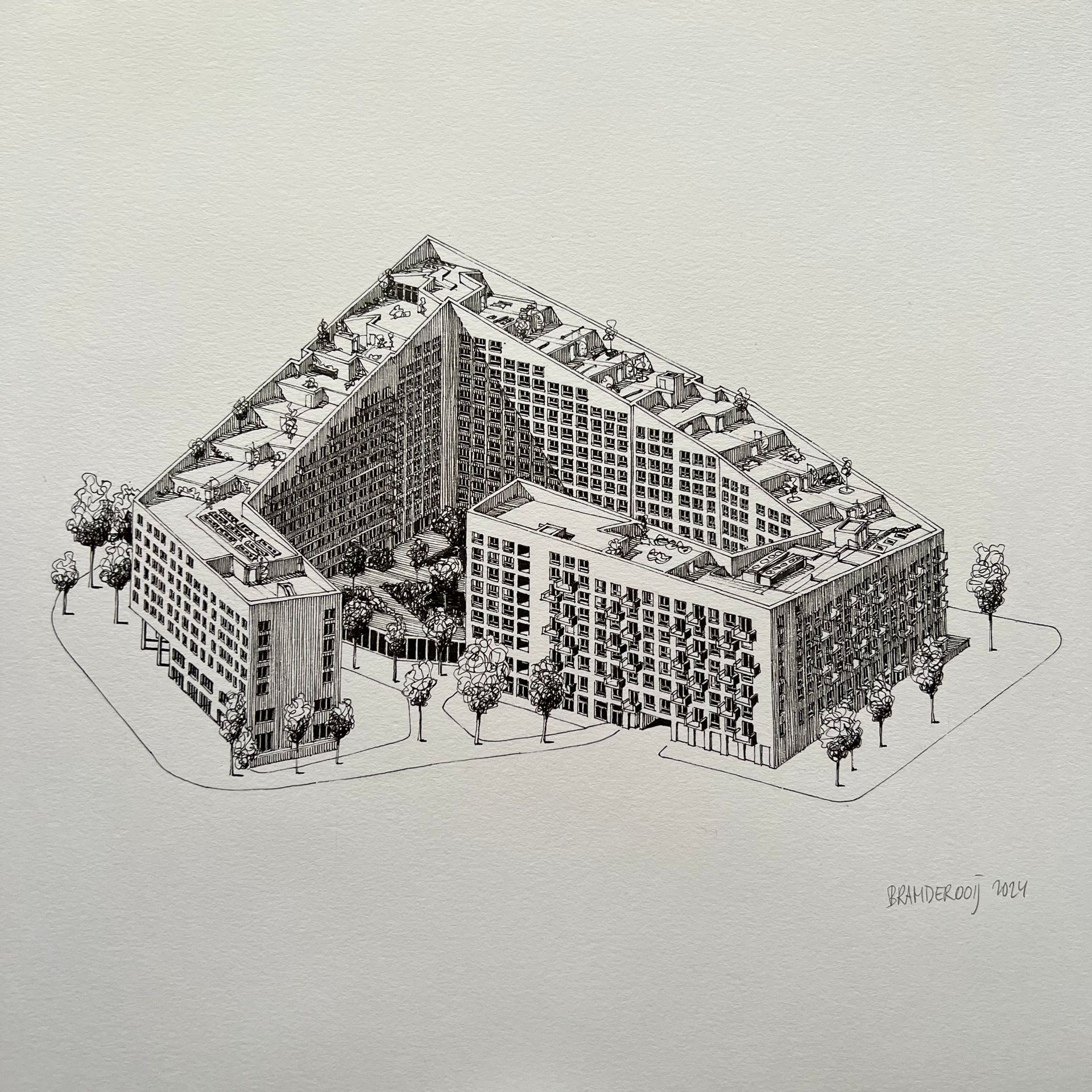 Zwart-wit architectuurschets van een modern appartementencomplex met bomen en binnenplaatsen.