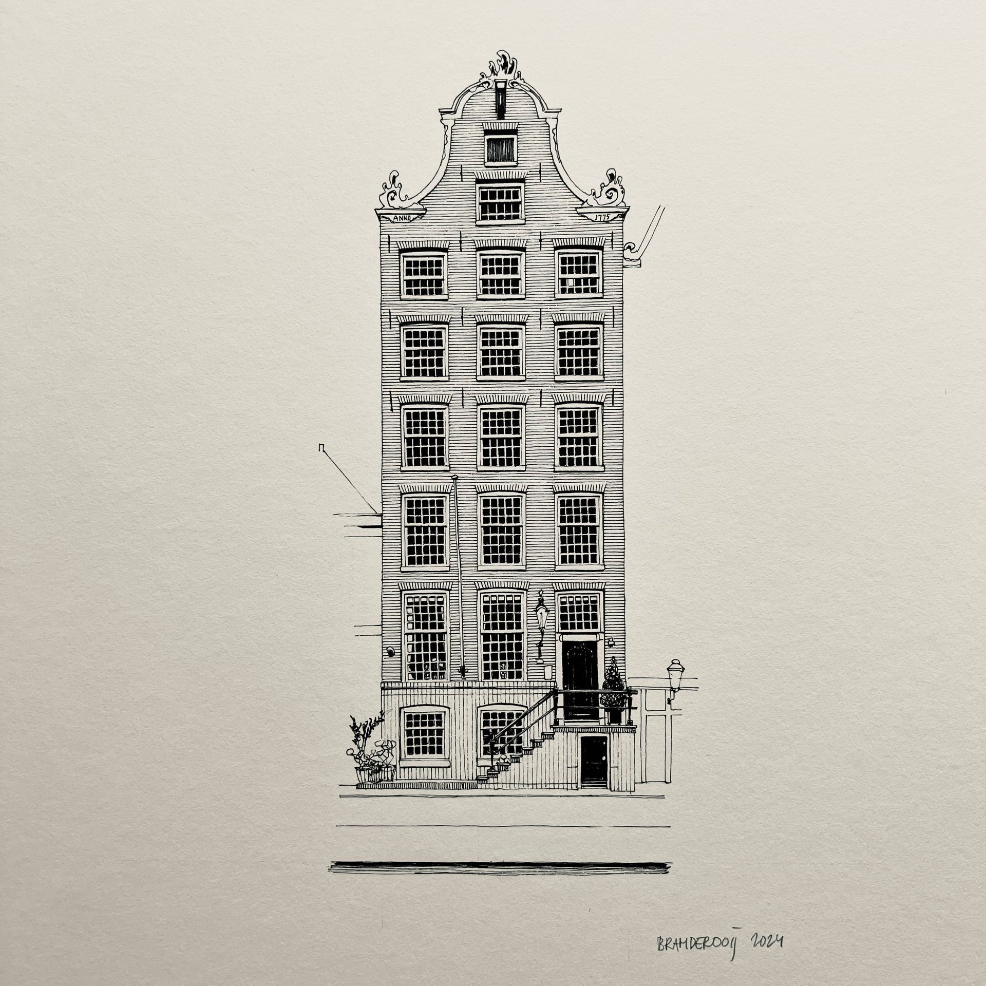 Zwart-wit schets van een smalle, sierlijke gevel van een meerlaags herenhuis met een getrapt zadeldak.