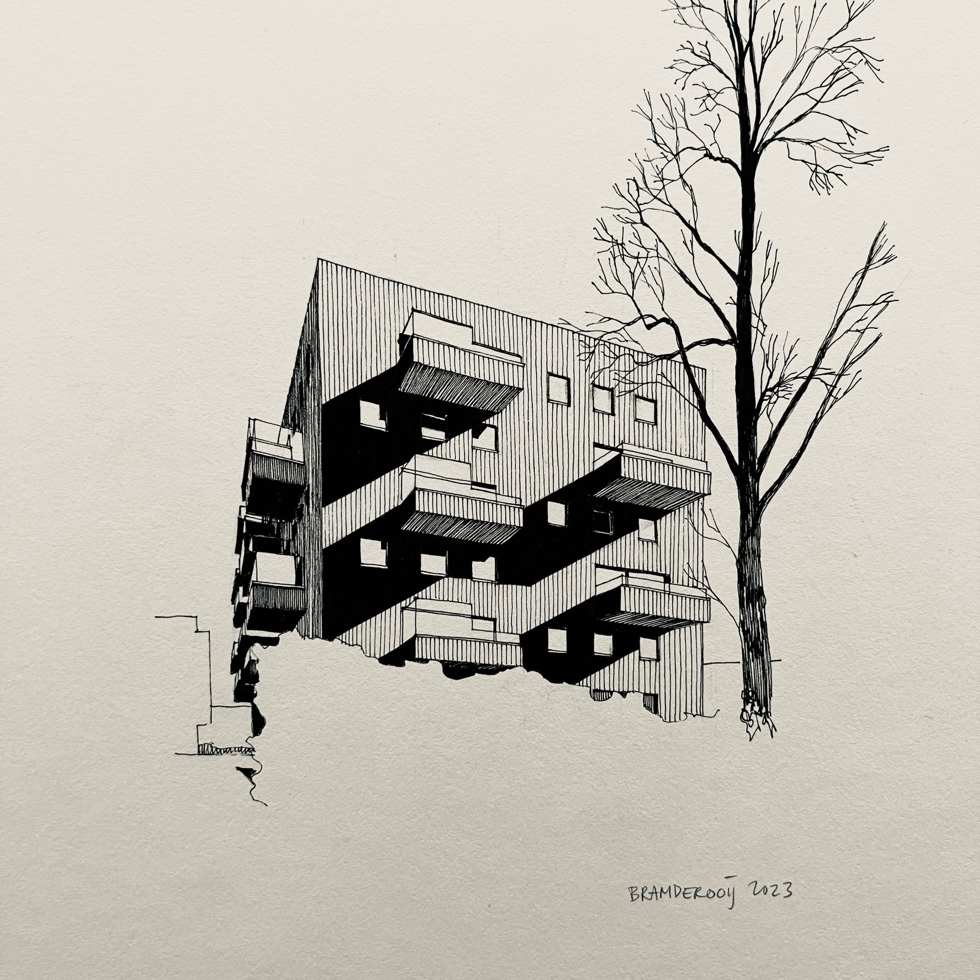 Zwart-wit schets van een modern, rechthoekig gebouw met kale bomen ernaast.