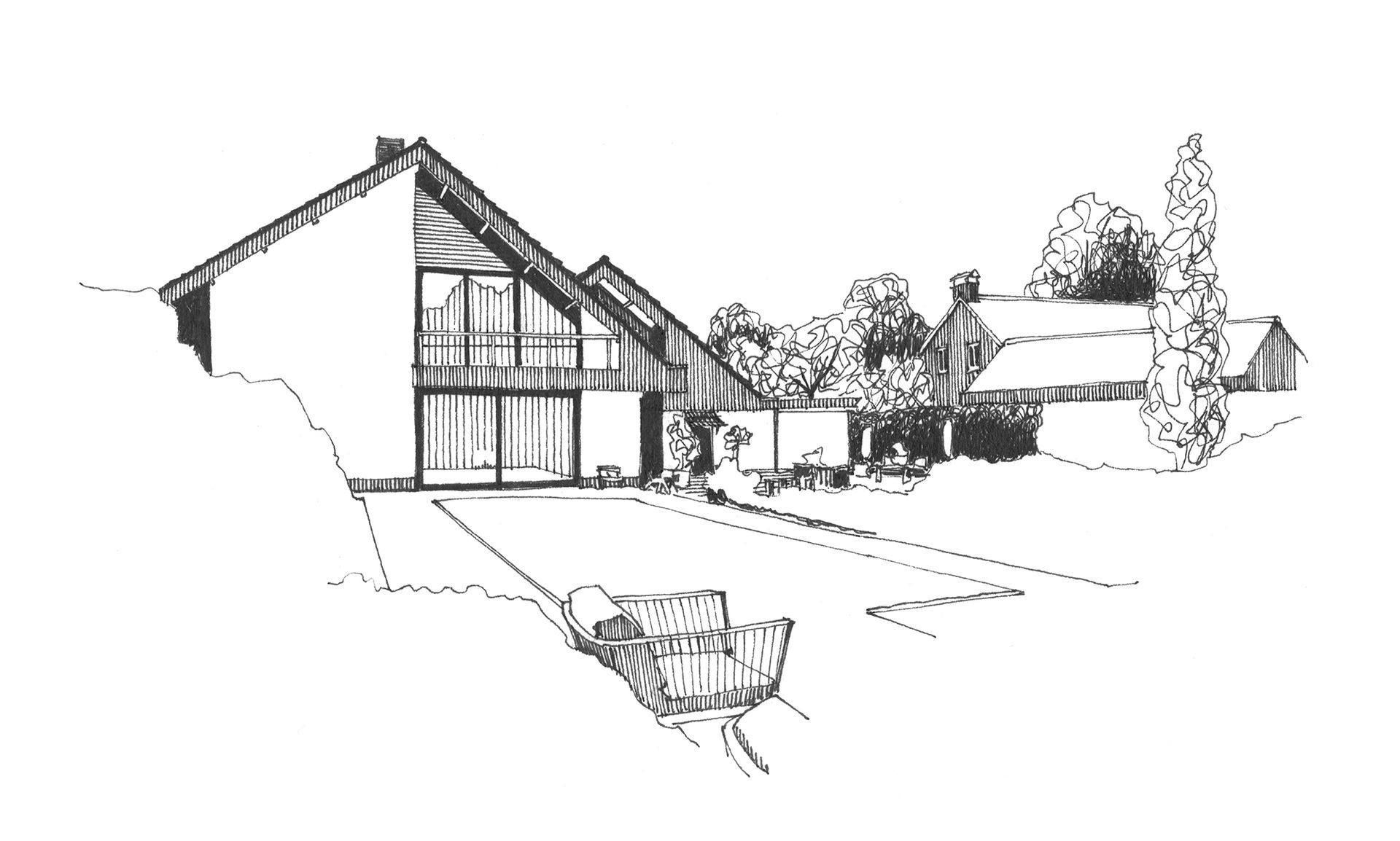 Potloodschets van de buitenkant van een modern huis met bomen en een oprit.