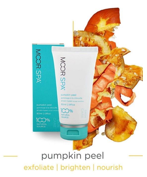 Moor Spa pumpkin peel exfoliate, brighten, nourish skincare product with pumpkin peel graphic