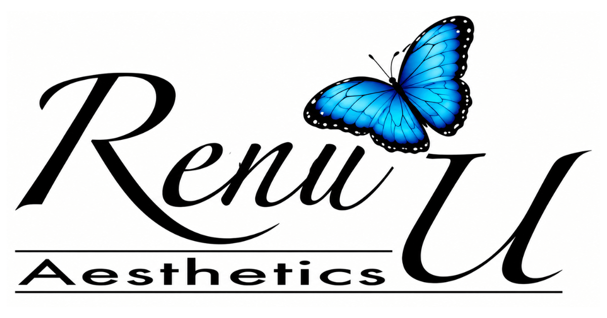 RenuU Aesthetics logo with black script text and a blue butterfly above the letters