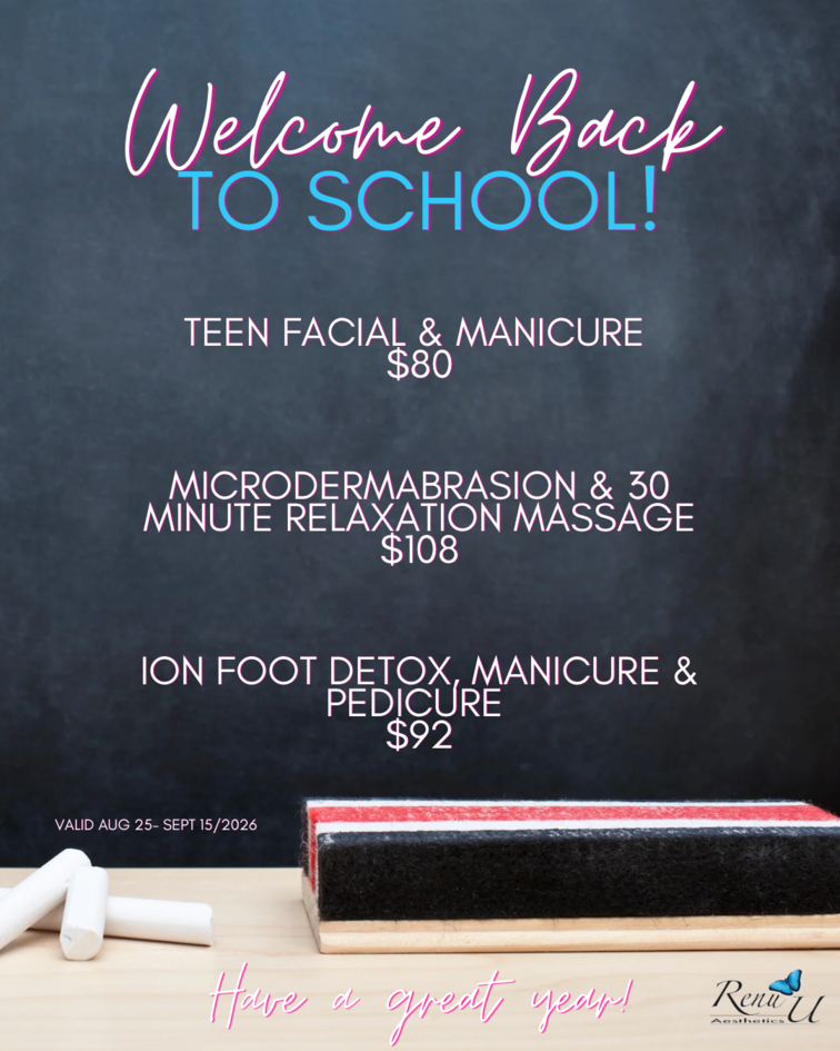 Pink “Welcome Back to School” spa service flyer with teen facial, manicure, massage, and foot detox prices