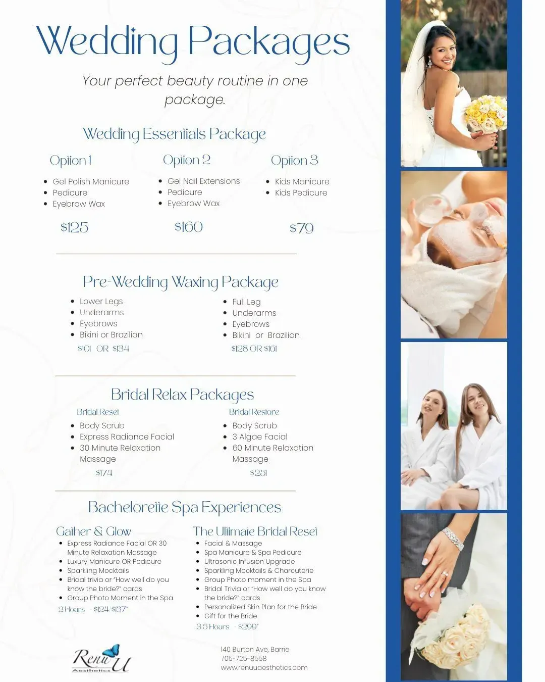 Wedding packages brochure with pricing and bridal photos in blue and white layout
