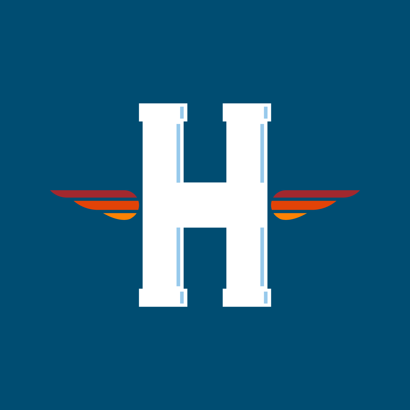 A white letter h with wings on a blue background.