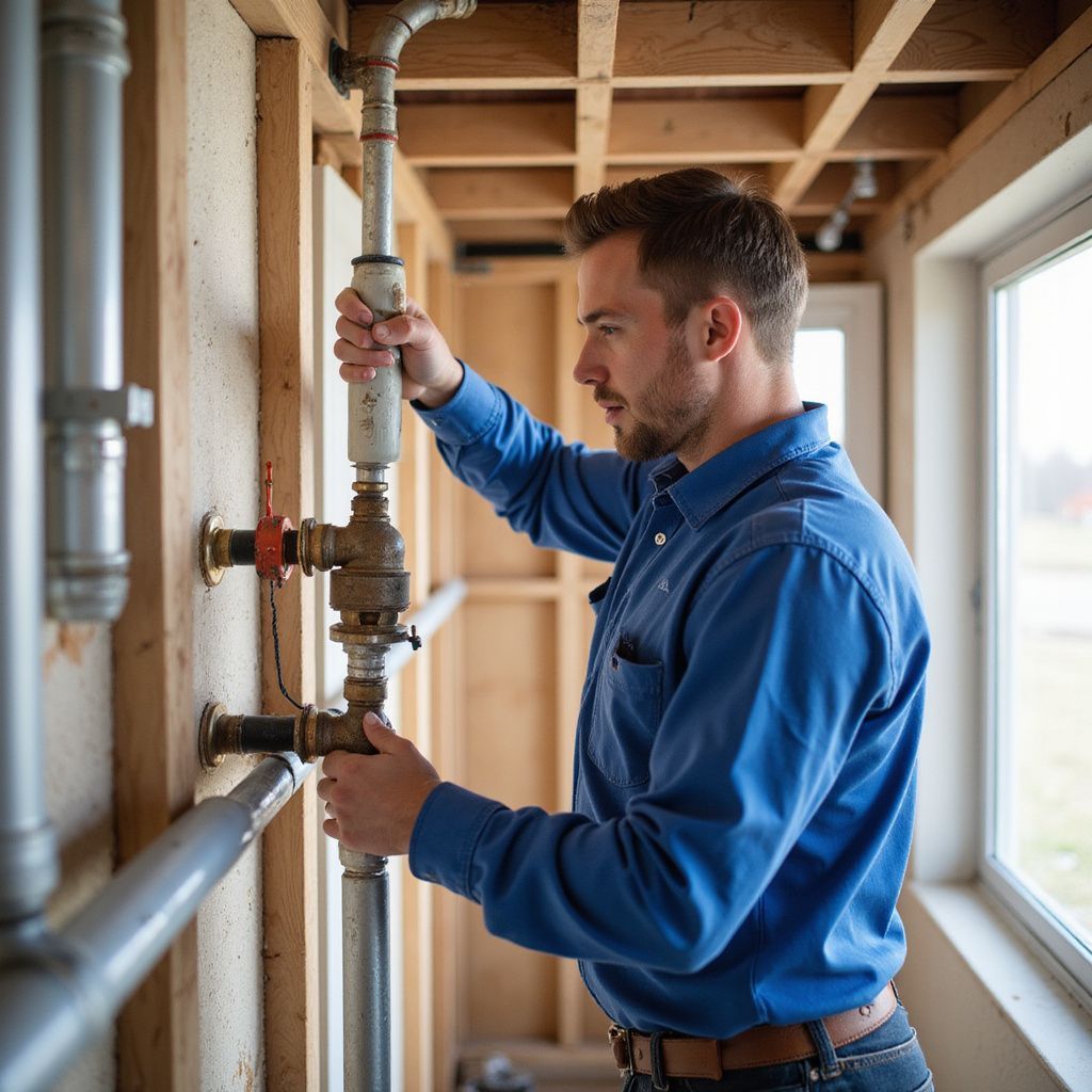 Plumber connecting pipes, in a room under construction, wearing a blue shirt.