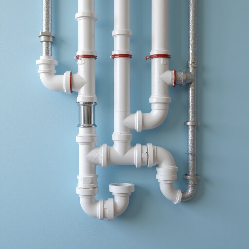 White and silver pipes on a blue wall. Complex network of plumbing with various joints and fittings.