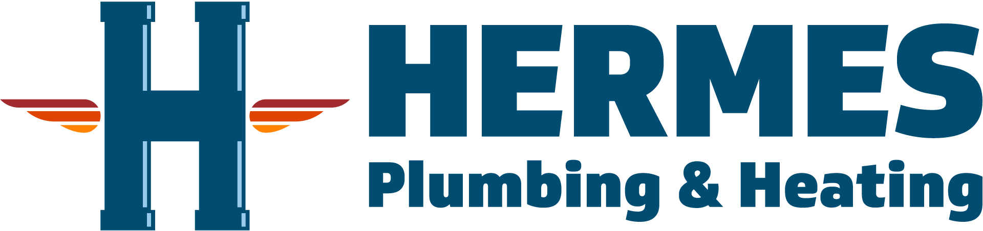 The logo for hermes plumbing and heating is blue and white