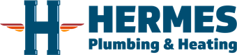 The logo for hermes plumbing and heating is blue and white