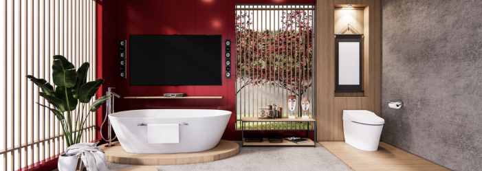 A bathroom with a bathtub , toilet , and television.