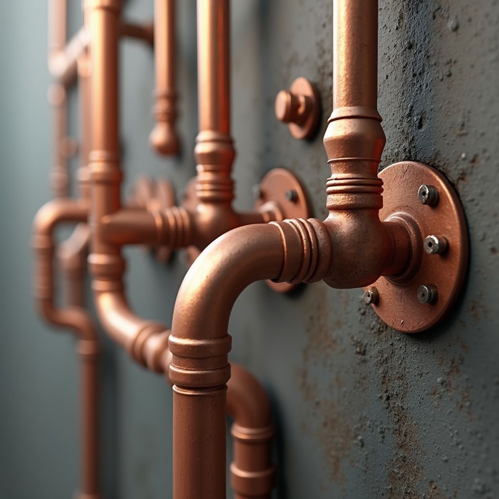 Copper pipes mounted on a textured, gray wall, with various bends and connectors.