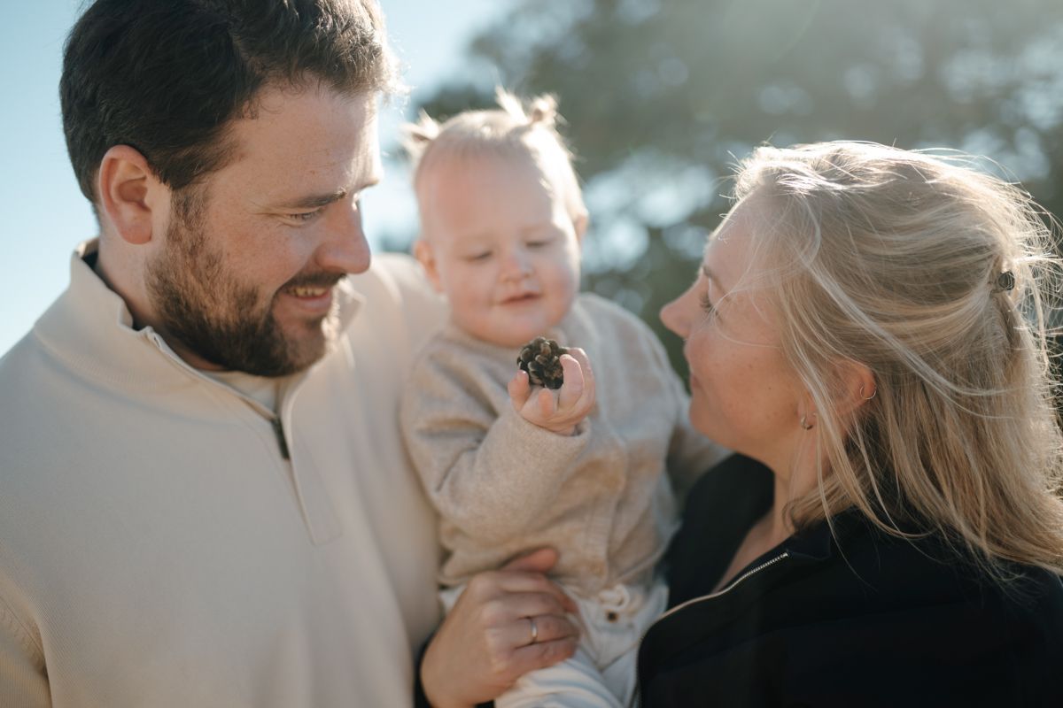 Gezinsshoot in de natuur. Dennenappels zoeken. Meisje wordt door papa en mama getild met een dennenappel haar handje