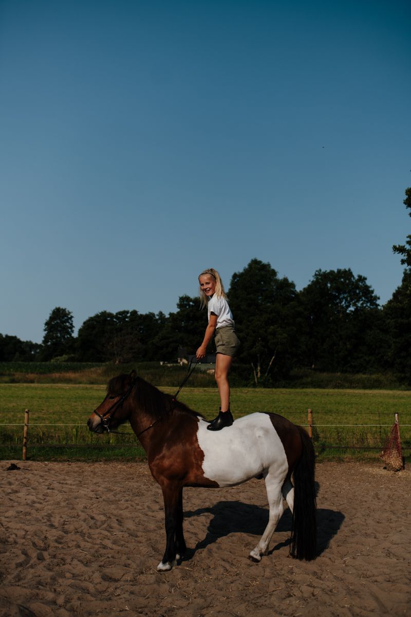 Een jong meisje rijdt op de rug van een bruin en wit paard.