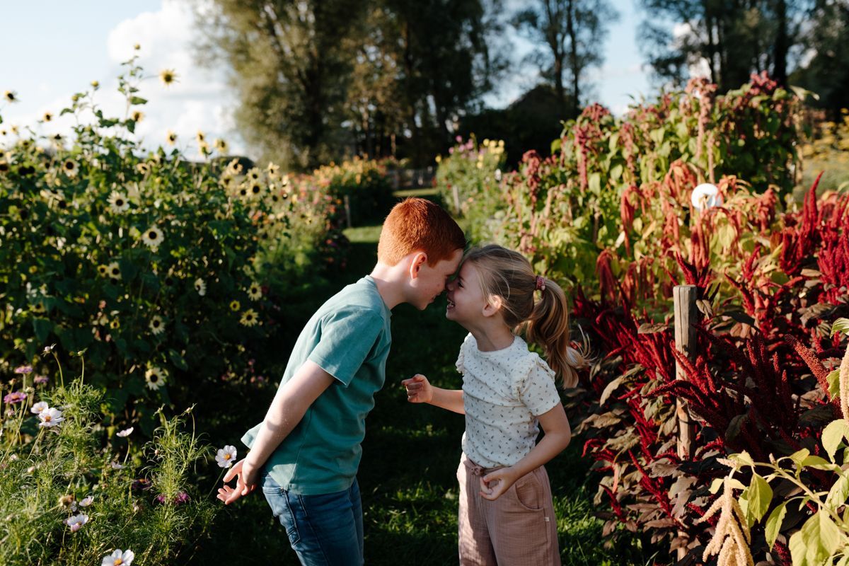 Broer en zus hebben plezier tijdens een fotoshoot in de pluktuin