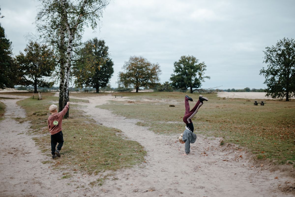 Twee kinderen op een zandpad, waarvan er één ondersteboven aan een boomtak hangt in een grasrijk park.