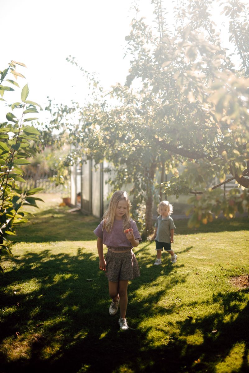 Broer en zus lopen door de zonnige tuin onder de fruitbomen tijdens een gezinsshoot thuis