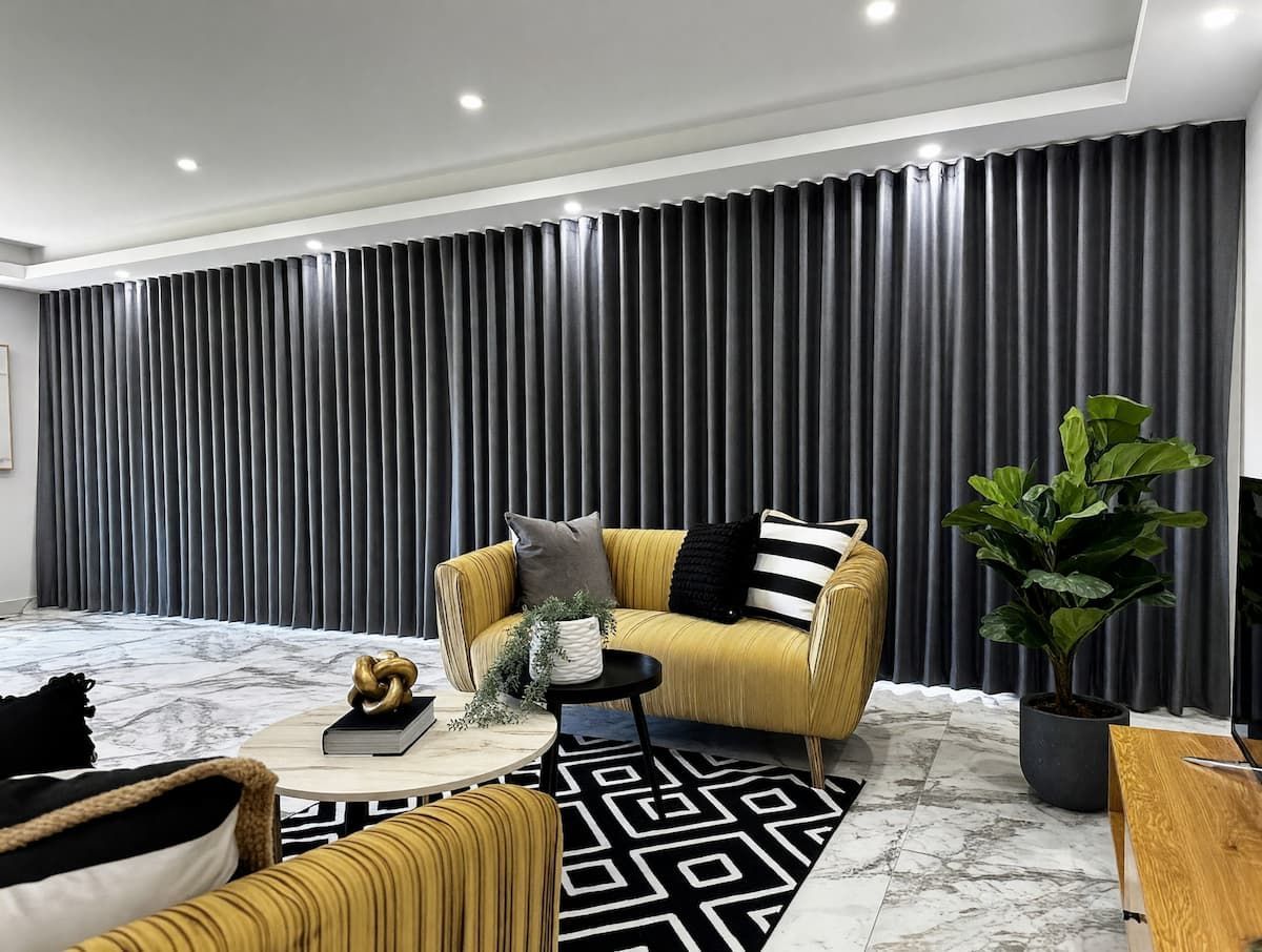Modern Living Room With Gray Curtains, Mustard Sofa — Citrus Clean Central Coast in Charmhaven, NSW