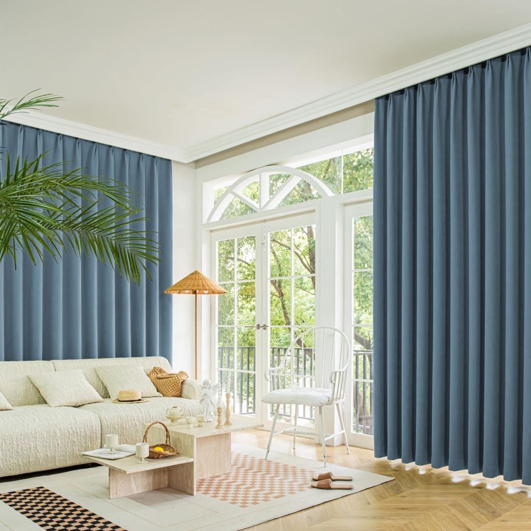 Bright Living Room With Blue Curtains, Cream Sofa, Wooden Table — Citrus Clean Central Coast in Charmhaven, NSW