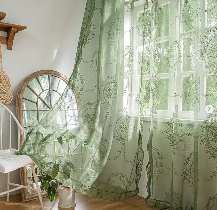 Green Patterned Sheer Curtains Flowing in the Breeze — Citrus Clean Central Coast in Terrigal, NSW