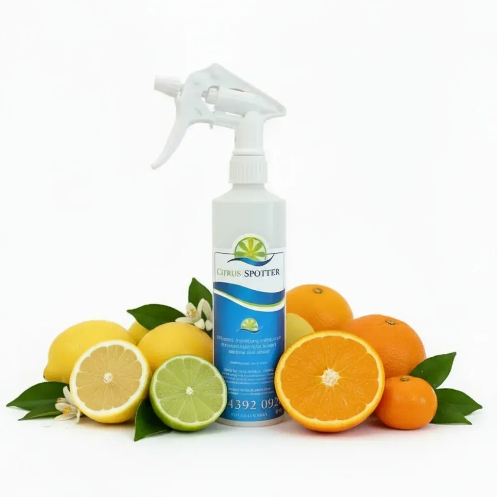 White Spray Bottle With Blue Label on a White Table Against a Gray Wall — Citrus Clean Central Coast In Lake Haven, NSW